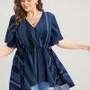Striped Contrast Wrap Ruffles High Low Hem Blouse