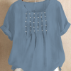 Women Causal Ruched Crew Neck Cotton And Linen Short Sleeve Summer Plain T-shirt