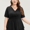 Plain Surplice Neck Gathered Ruffles Asymmetrical Hem T-shirt