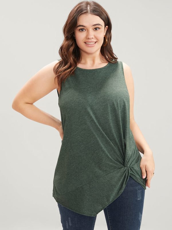 Solid Twist Front Sleeveless Round Neck Tank Top