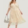 Floral Embroidered Pocket Mesh Elastic Waist Surplice Neck  Dress