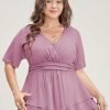 Plain Surplice Neck Gathered Ruffles Asymmetrical Hem T-shirt