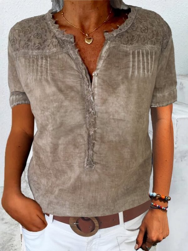Women Elegant Lace Linen Loose V Neck Blouse