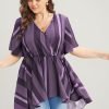 Striped Contrast Wrap Ruffles High Low Hem Blouse