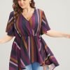 Striped Contrast Wrap Ruffles High Low Hem Blouse