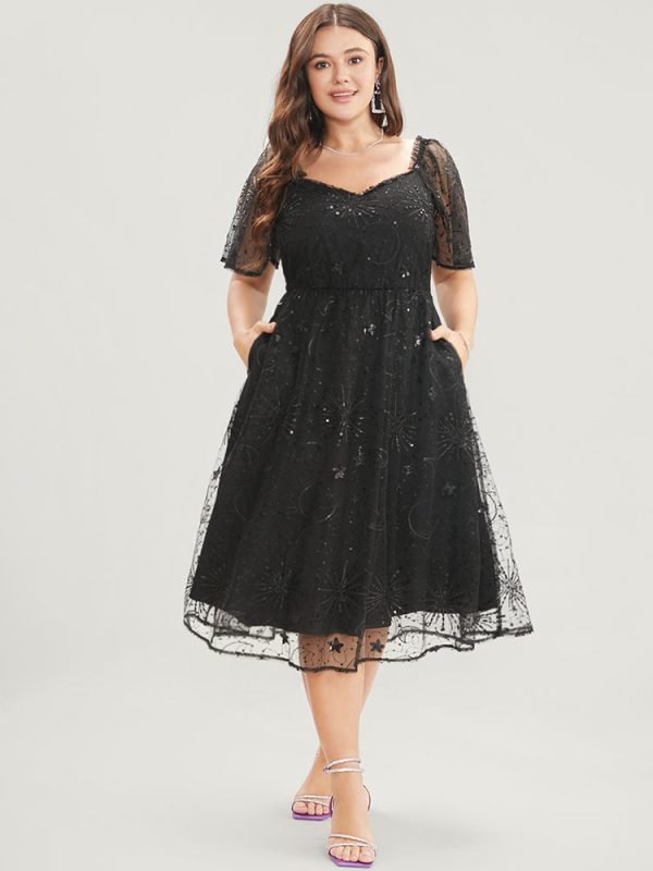 Moon And Star Sequin Detail Pocket Mesh Midi Dress